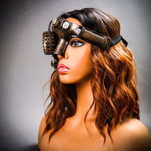 Phantom of the Opera Steampunk Mask with LED Lighting Masquerade - Black Gold - Picture 8 of 9